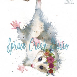 Cute Possum Print, Opossum Flower Crown Baby Shower Gift. Girls Room Nursery Decor