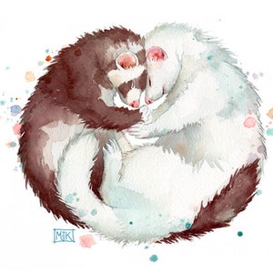 Dark Brown And White Ferret Gift, Your Ferret Print, Ferret Lover Custom Print, Ferret Mom Ferret Dad, Ferrets Hugging Painting