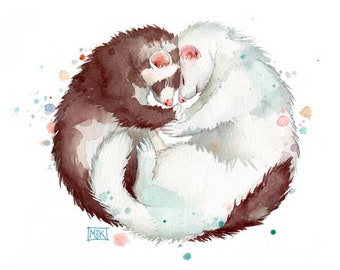 Dark Brown And White Ferret Gift, Your Ferret Print, Ferret Lover Custom Print, Ferret Mom Ferret Dad, Ferrets Hugging Painting