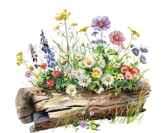 Wildflower Watercolor Clipart: Flowers on Log (Digital Download)