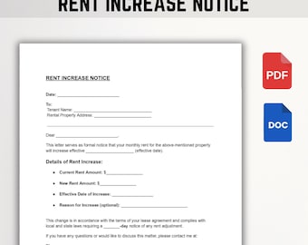 Rent Increase Notice Template | Rental Rate Adjustment Letter | Editable PDF, Word, Google Docs