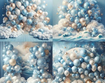 Blauer Ballon Bogen Digitaler Hintergrund: Cake Smash, Mutterschaft (12 PNG)