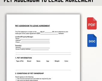Pet Addendum to Lease Agreement | Rental Pet Policy Form | Editable PDF, Word, Google Docs