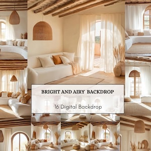 Può includere: Un collage di immagini di interior design con uno sfondo luminoso e arioso. Le immagini mostrano un divano bianco con cuscini, lampade a sospensione intrecciate e tende trasparenti. Il testo recita "BRIGHT AND AIRY BACKDROP" e "16 Digital Backdrops."