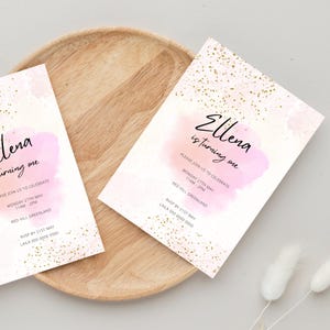 Tarjeta de invitación de cumpleaños con temática rosa, personalizable, para fiesta de niñas, descarga digital divertida, plantilla imprimible para invitación de cumpleaños