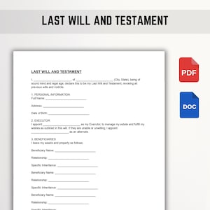 Plantilla de testamento/Formulario de testamento legal imprimible y rellenable/Documento simple de planificación patrimonial