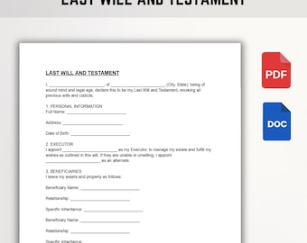 Last Will and Testament Template | Printable & Fillable Legal Will Form | Simple Estate Planning Document