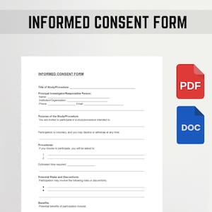 Può includere: Un documento "Modulo di consenso informato" con campi di testo e sezioni per i dettagli dello studio, i rischi e i benefici. Include icone rosse "PDF" e blu "DOC" su sfondo chiaro.
