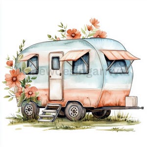 Remolque de camping Clipart Acuarela / Camper retro PNG / Clipart de aventura / 10 JPEG