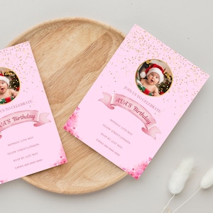 Tarjeta de invitación de cumpleaños con temática rosa, personalizable, para fiesta de niñas, descarga digital divertida, plantilla imprimible para invitación de cumpleaños