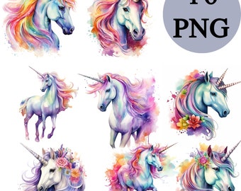 16 Cute Unicorn Clipart, Commercial Use Watercolor Unicorn PNG, Baby Unicorn, Rainbow Unicorn, Kawaii Unicorn, Rainbow Clipart, Nursery Art