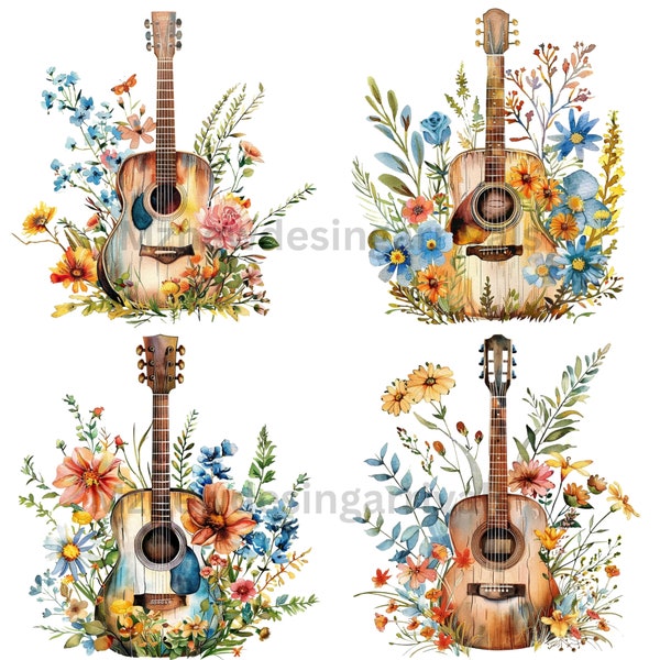 4 Wildflowers and Guitar Clipart, Floral guitar, Printable Watercolor clipart, High Quality JPGs, Digital download