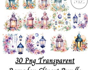 Watercolor Ramadan Clipart: Islamic Lanterns, Desserts (PNG Digital Download)
