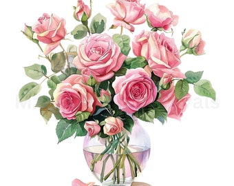 10 Roses in Vase Clipart, Pink Roses, Printable Watercolor clipart PNG, Digital download