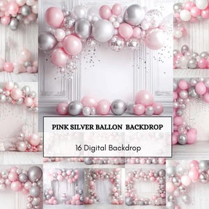 Pink & Silver Balloon Arch Digital Backdrop: Birthday Celebration (16 PNG)