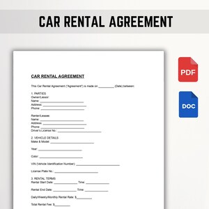 Car Rental Agreement Template | Vehicle Lease Contract | Editable PDF, Word & Google Docs