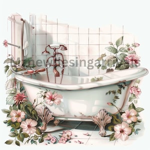 Vintage blommig badkarsclipart: Shabby Chic akvarell (digital nedladdning)