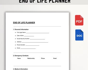 End of Life Planner: Personal Information & Final Wishes (Editable PDF, Word, Google Docs)