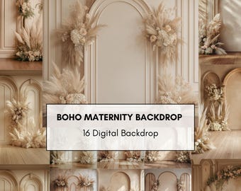 Boho Mutterschaft Digitale Kulissen: Beige Studio Portrait Hintergründe (16 PNG)