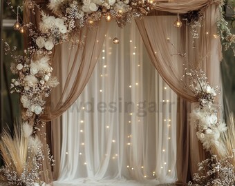 May include: A rustic wedding arch decorated with dried flowers and greenery, featuring a sheer white curtain backdrop and fairy lights.