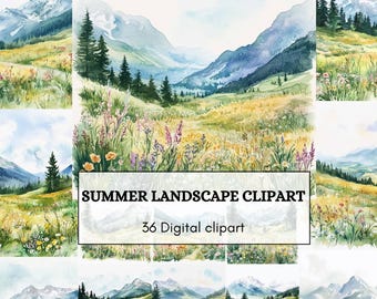 Imágenes prediseñadas de paisajes en acuarela: Pradera y montaña de verano (Descarga digital)