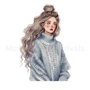 Mädchen im grauen Pullover Aquarell 12 PNG Clipart Bundle, transparenter PNG, digitaler Download, hübsche Mädchen-Mode