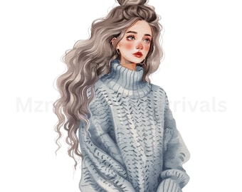 Watercolor Girl Clipart: Grey Sweater Fashion PNG Bundle (Digital Download)