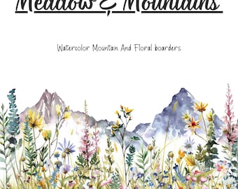 Watercolor Mountain Floral Borders: Rustic Wedding PNG Clipart (Digital Download)