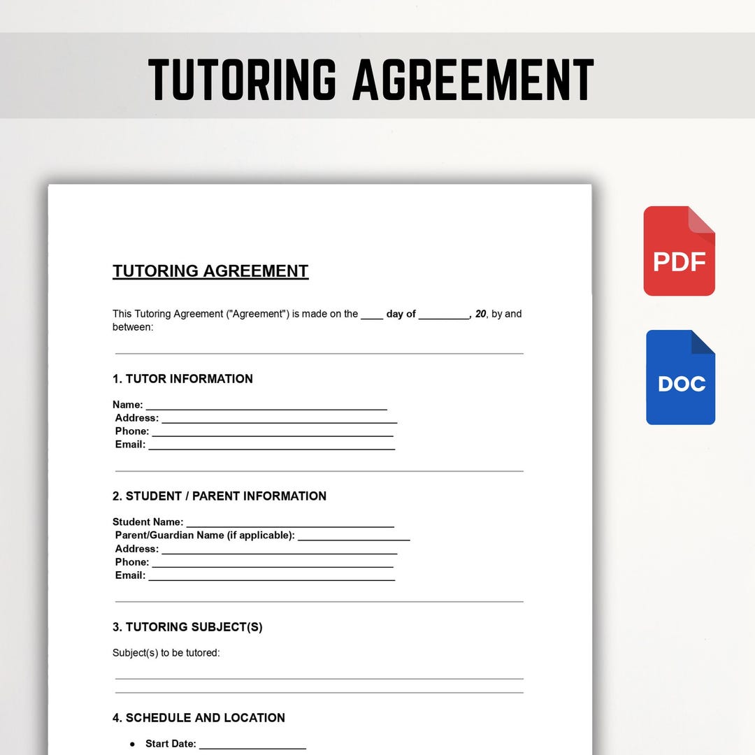 Editable Tutoring Agreement Template: Tutor Contract (PDF, Word, Google ...