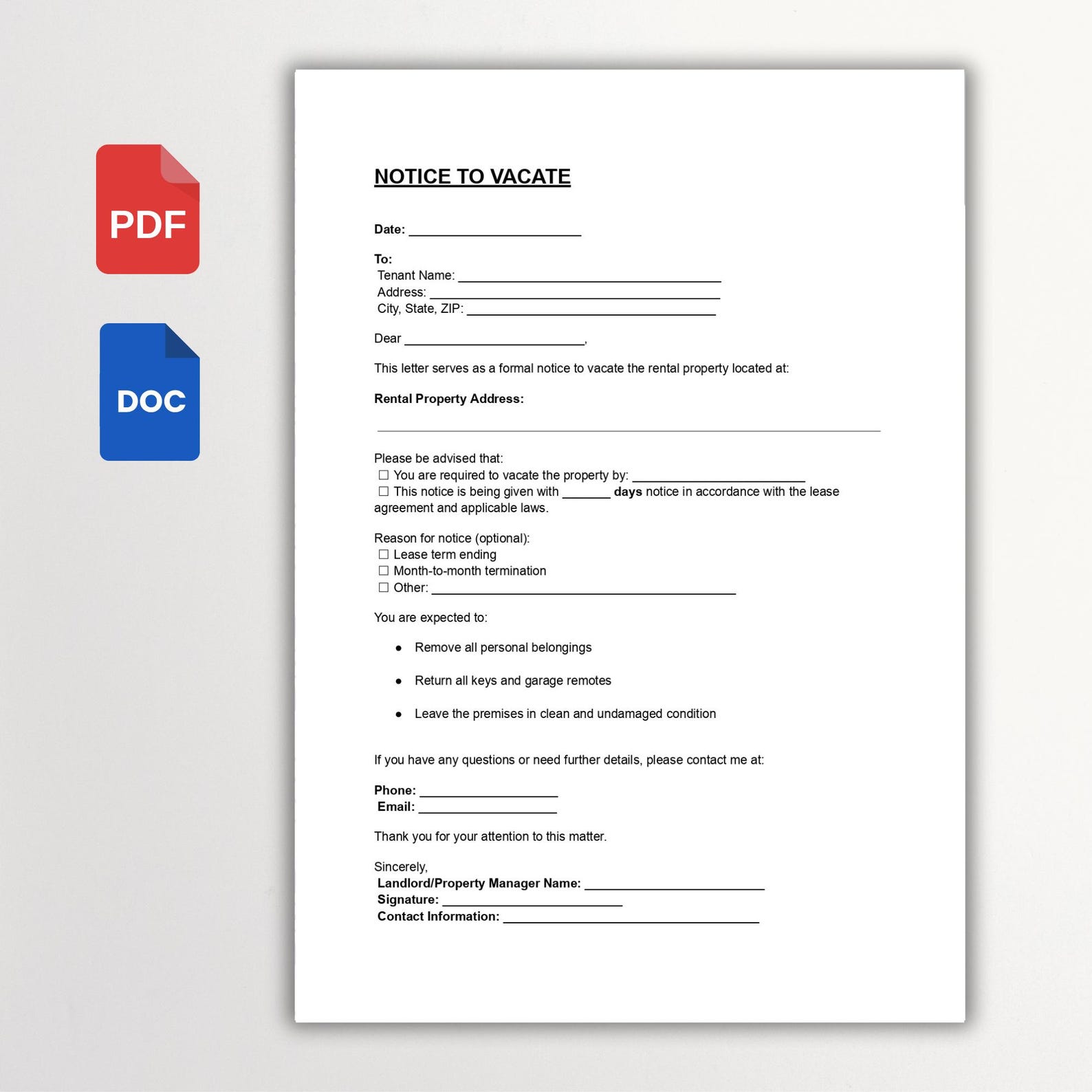 Notice to Vacate Template | Tenant Move-out Notice | Editable PDF, Word ...