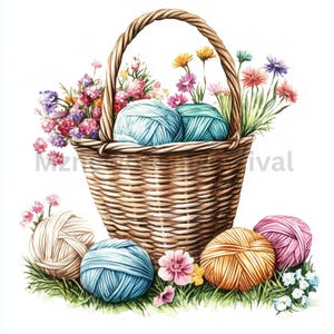 Clipart tricot panier aquarelle | Illustration d'un panier de laine | Panier artisanal | 10 JPG