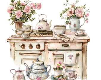 Vintage Floral Kitchen Clipart: Shabby Chic Watercolor PNG (Digital Download)