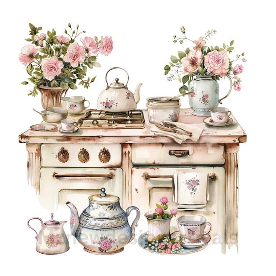 vintage floral kitchen scene clipart set graphic by... Vintage Kitchen Clip Art