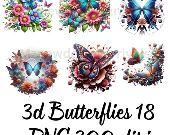 May include: Set of 6 digital images featuring colourful 3D butterflies with floral accents. The butterflies are blue, purple, and green with intricate details. The flowers are pink, yellow, and orange. The images are perfect for crafting projects, scrapbooking, and digital design.