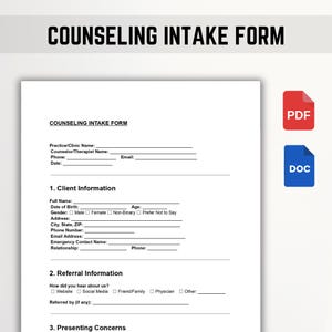 Sjabloon intakeformulier counseling DOC, bewerkbaar pdf-bestand, afdrukbaar klantinformatieblad voor therapie en geestelijke gezondheidszorg