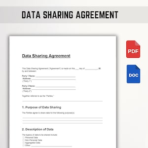 Op de afbeelding: Een Data Sharing Agreement-document met de titel bovenaan. Het document bevat secties voor partijen, doel en gegevensbeschrijving. Twee gekleurde pictogrammen, PDF en DOC, staan aan de rechterkant.