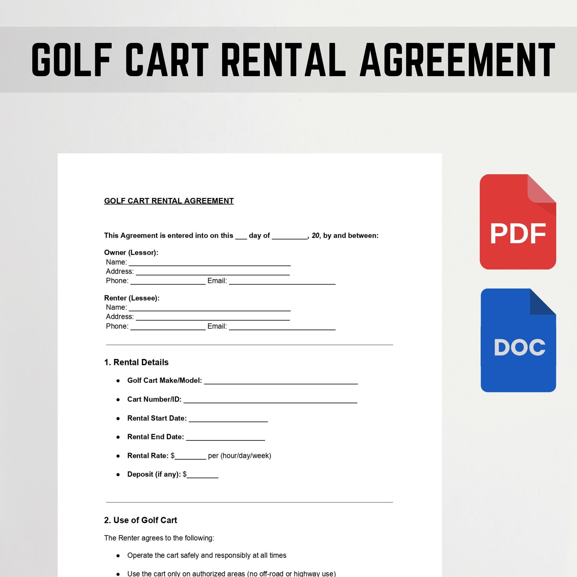 Golf Cart Rental Agreement Template: Editable DOC & PDF Form - Etsy