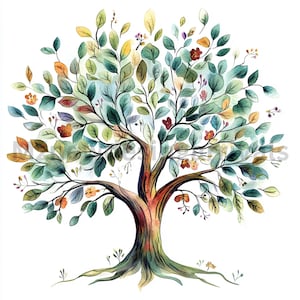 Clipart arbre mythique, impression florale d'arbre, clipart aquarelle imprimable, haute qualité 8 JPG, téléchargement numérique