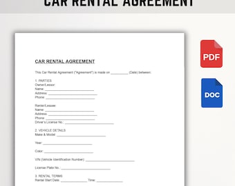 Car Rental Agreement | Editable Vehicle Rental Contract | Word & PDF | Instant Download