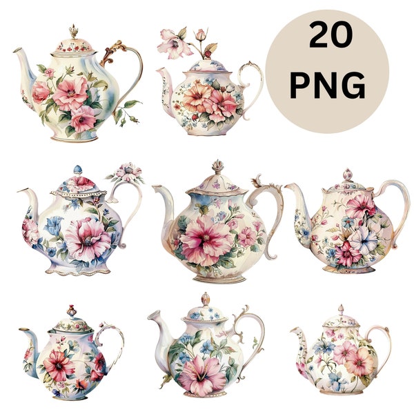 20 Vintage Floral Teapot Clipart, Cool Teapot, Printable Watercolor clipart, High Quality PNGs, Digital download