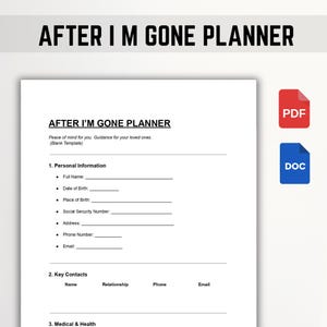 May include: A white "AFTER I'M GONE PLANNER" template with sections for personal information, key contacts, and medical details. Includes PDF and DOC icons in the upper right corner. The text "Peace of mind for you. Guidance for your loved ones" is also visible.