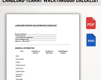 Landlord-Tenant Walkthrough Checklist | Rental Property Move-In & Move-Out Inspection Form | Editable PDF, Word , Google Docs