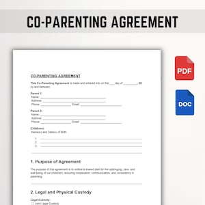May include: A white Co-Parenting Agreement document with the title at the top. The document includes sections for parent information, child information, and agreement details. A red PDF icon and a blue DOC icon are on the right.