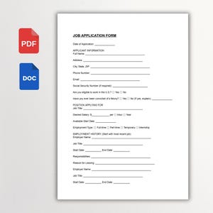 Editable Job Application Template: Printable Employment Form (PDF, DOCX ...