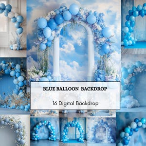 Blue Digital Backdrop Balloon 16 JPEG  Arch Celebration Download Backdrops Birthday Toddler Newborn Maternity Overlay Background Photoshop