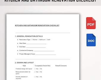 Checklist voor keuken- en badkamerrenovatie | Sjabloon voor huisverbouwingsplanning | Bewerkbaar als PDF, Word en Google Docs