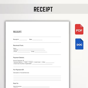 Receipt Template | Printable & Editable | PDF, Word, Google Docs | Sales, Services, or Payment Acknowledgment