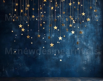 May include: A dark blue background with a string of gold stars hanging from the top. The stars are scattered throughout the image and create a festive and magical atmosphere.