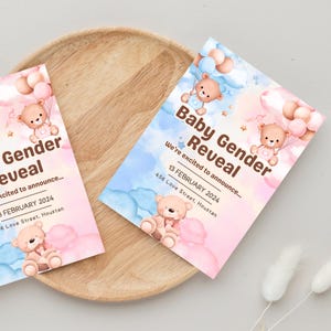 Convite de revelação de gênero de ursinhos de pelúcia EDITÁVEL, convite de revelação de gênero de balão de ar quente, cartão de festa para menino ou menina, chá de bebê faça você mesmo para ele ou ela