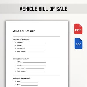 Vehicle Bill of Sale Template | Printable Car Sale Form | Editable Auto Sales Agreement PDF & Word